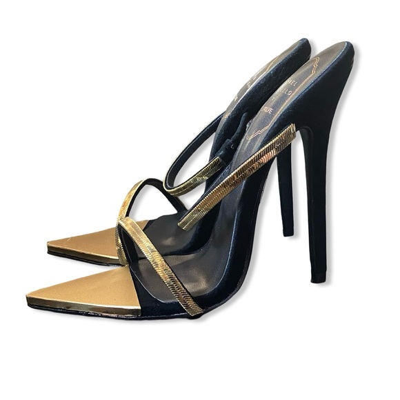 Michael Costello x REVOLVE Gwenn Sandal in Black gold high heels shoes suede 7 - Picture 8 of 16